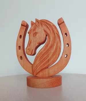 Wooden Horse Sculpture with Horseshoe – Symbol of the Year of the Horse Wooden Horse Sculpture with Horseshoe – Symbol of the Year of the Horse