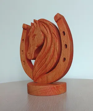 Wooden Horse Sculpture with Horseshoe – Symbol of the Year of the Horse