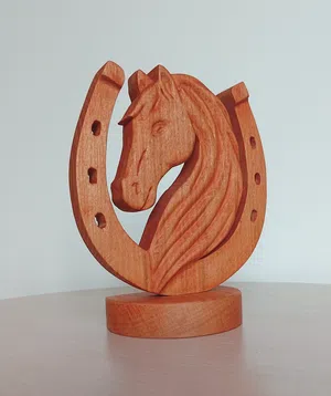 Wooden Horse Sculpture with Horseshoe – Symbol of the Year of the Horse