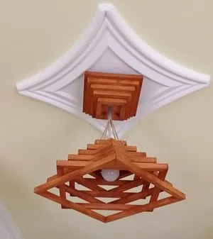 Handcrafted Wooden Ceiling Chandelier in Double Pyramid Design